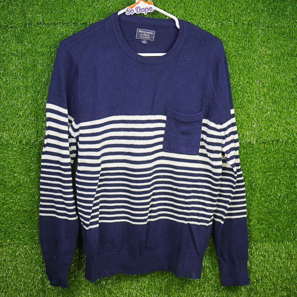 Abercrombie & Fitch Navy Blue and White Striped Pocket Crewneck - Men's‎ Size L